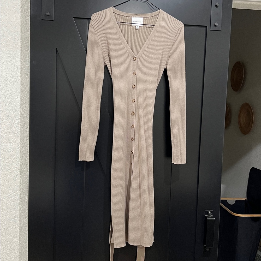 Pink Rose Beige Button-Down Dress